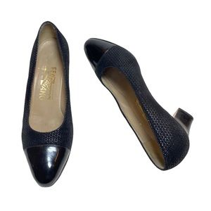Salvatore Ferragamo Black Leather Suede and Patent Pumps, Size 7.5 C (Wide) GUC